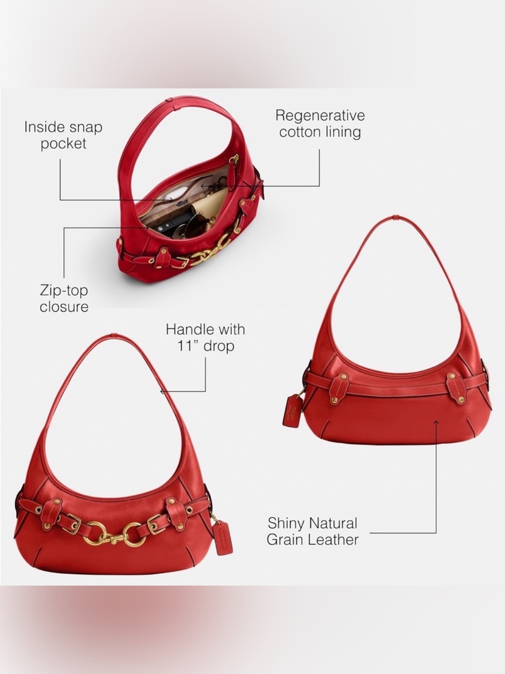 ❤️Coach Pre Owned Poppy Red Leather Belted Ergo Shoulder Bag with Brass Hardware - Picture 2 of 10